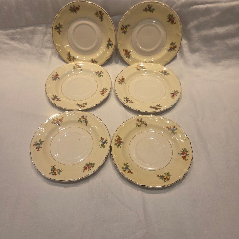 Edwin M Knowles Semi Vitreous China Floral Saucers Set of 6 Cream Gold Rim 48 5